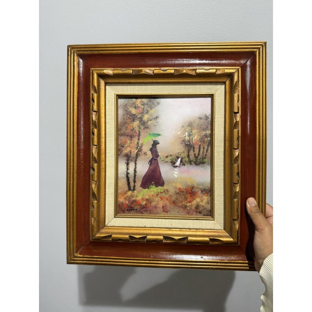 Louis Cardin Vintage Enamel on Copper Painting Signed & Framed 17.5x15.5"